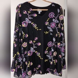 Susan Graver Embroidered Floral V-Neck Top XL